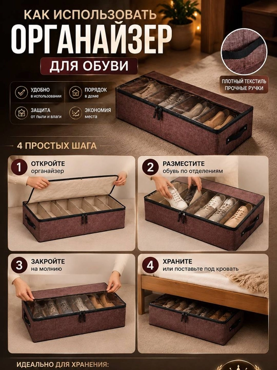Органайзер для хранения одежды и обуви, вместительный тканевый короб