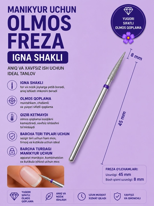 Manikyur uchun igna shaklidagi olmos freza - 