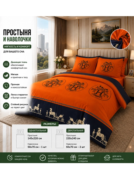Комплект простыня и наволочка, двуспальная 220*240, наволочка 50*70