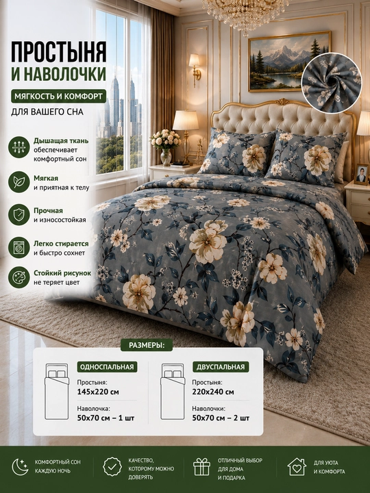Комплект простыня и наволочка, двуспальная 220*240, наволочка 50*70