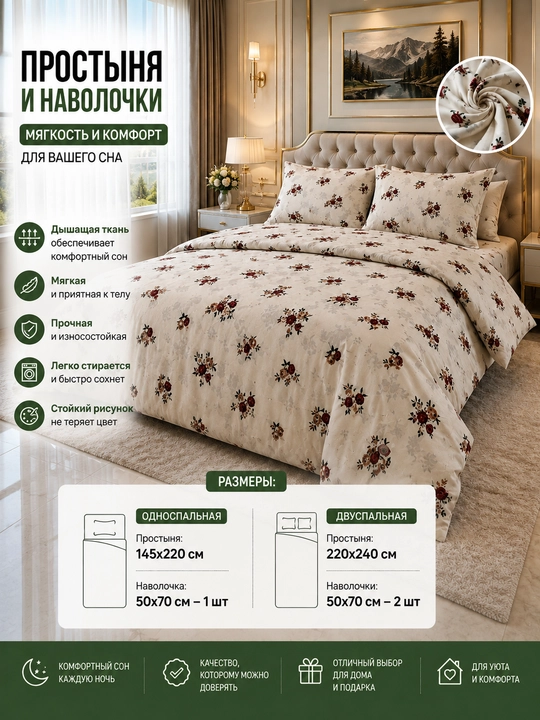 Комплект простыня и наволочка, двуспальная 220*240, наволочка 50*70