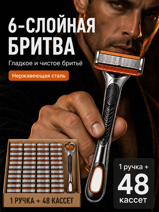 Мужская ручная бритва с 48 сменными кассетами, 6 лезвий - 