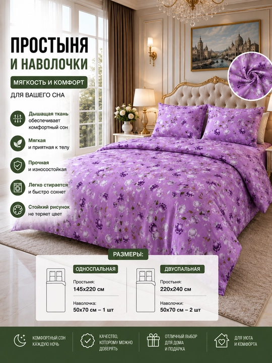 Комплект простыня и наволочка, двуспальная 220*240, наволочка 50*70