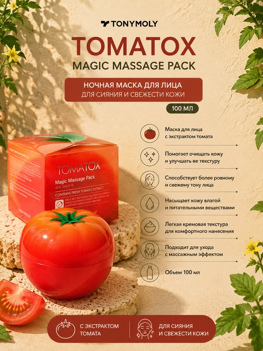 Ночная маска для лица Tomatox Magic Massage Pack, с томатом, для сияния и свежести кожи - 