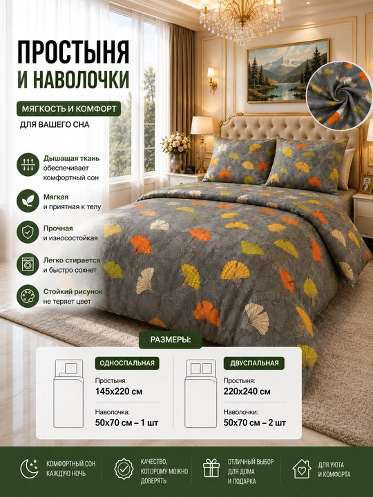 Комплект простыня и наволочка, двуспальная 220*240, наволочка 50*70