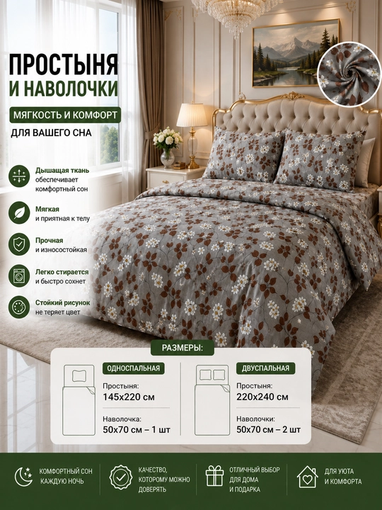 Комплект простыня и наволочка, двуспальная 220*240, наволочка 50*70