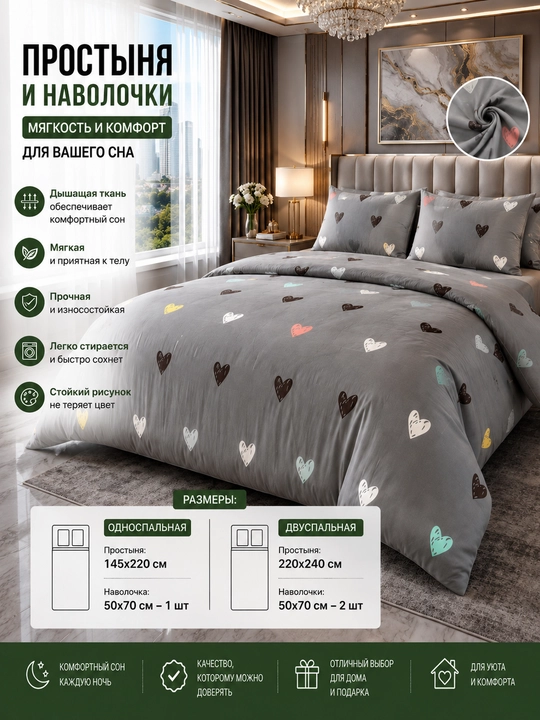 Комплект простыня и наволочка, двуспальная 220*240, наволочка 50*70