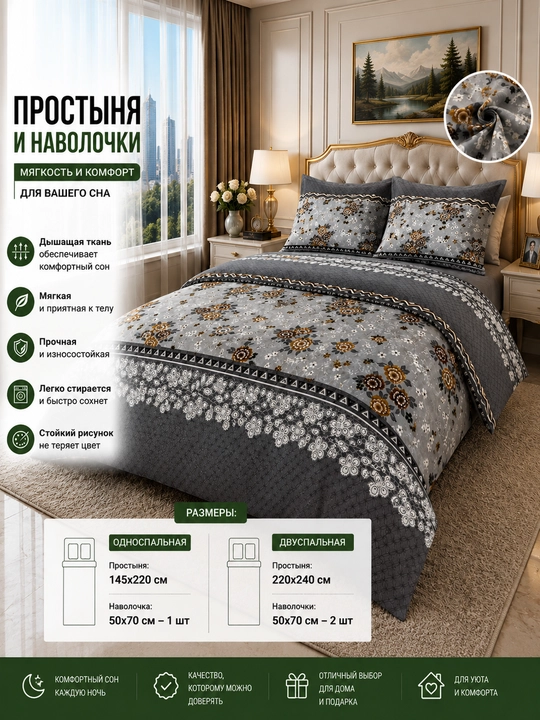 Комплект простыня и наволочка, двуспальная 220*240, наволочка 50*70