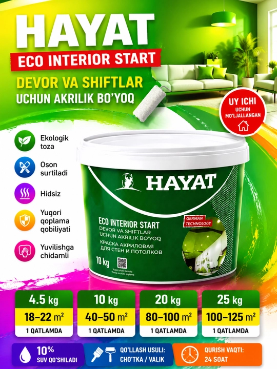 HAYAT ECO INTERIOR START — Devor va shiftlar uchun suv-dispersiyali akril bo‘yoq - 