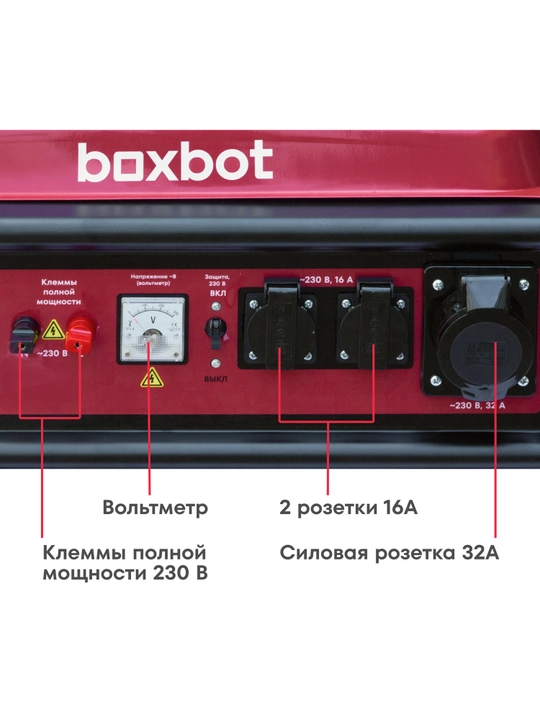 Boxbot benzin generatori, 8.3 kVt, 25 litr, 2*16A + 1*32A rozetkalar, ~230 V klemmalar, sham