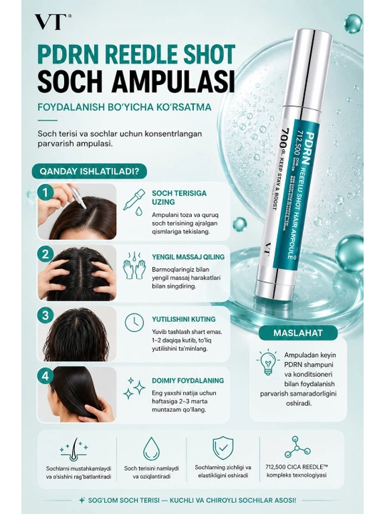 VT PDRN Reedle Shot Hair Ampoule 700 — укрепляющая ампула для кожи головы и волос, 15 мл