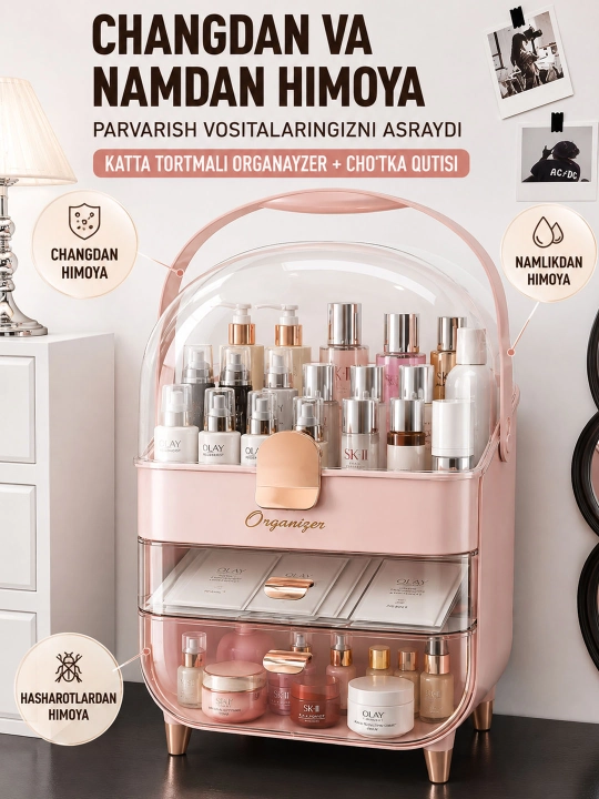 Kosmetika va atirlar uchun organayzer, qopqoqli, tortmali, 3 qavatli, katta sig‘imli