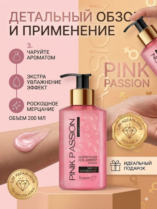 Dush geli shimmer Pink Passion, feromonli va yaltiroq parfyumlangan tana geli