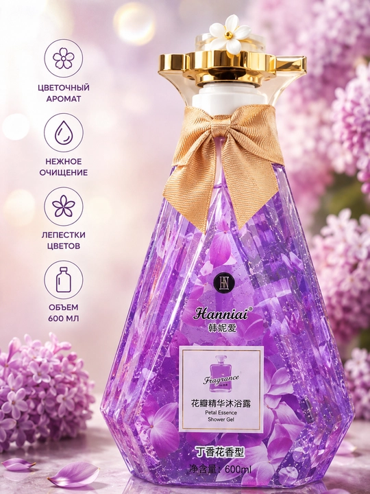 Гель для душа HANNIAI Fragrance Shower Gel 600 мл, с лепестками цветов, 4 аромата - 