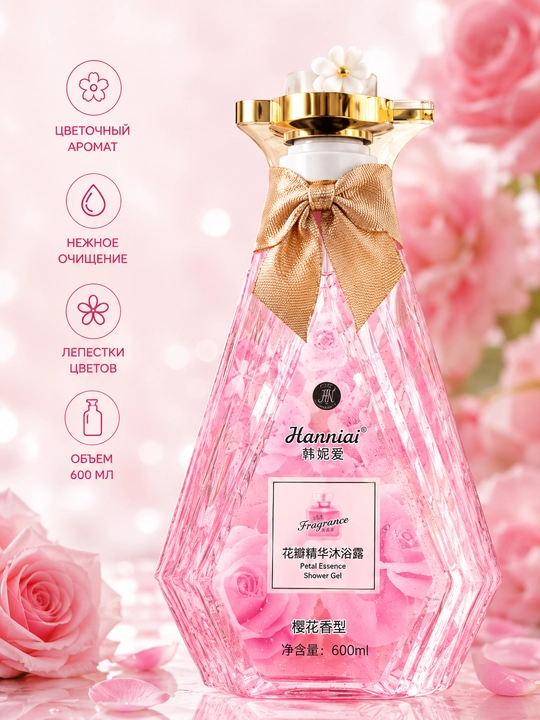 Гель для душа HANNIAI Fragrance Shower Gel 600 мл, с лепестками цветов, 4 аромата - 