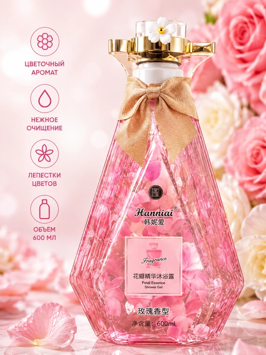 Гель для душа HANNIAI Fragrance Shower Gel 600 мл, с лепестками цветов, 4 аромата - 