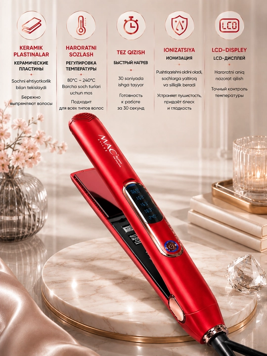 MAC Styler soch tekislagichi, keramik plitali, 160–240°C