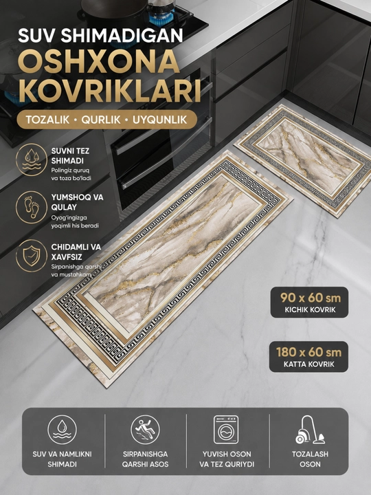 Gilamcha suv shimadigan sirpanmaydigan 2 talik to‘plam 180×60 va 90×60 sm