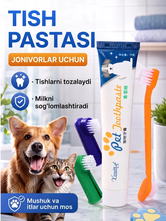 Hayvonlar, itlar va mushuklar uchun cho‘tkali tish pastasi - 