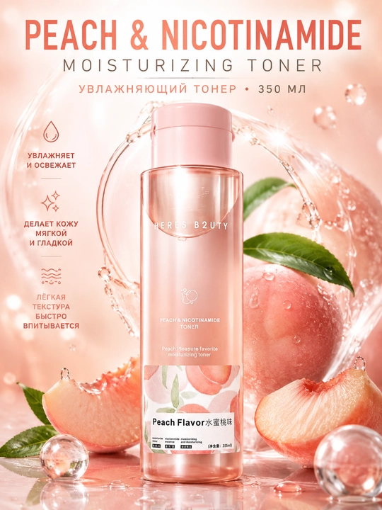 HERES B2UTY Peach & Nicotinamide — nikotinamidli yuz uchun namlantiruvchi toner, 350 ml - 