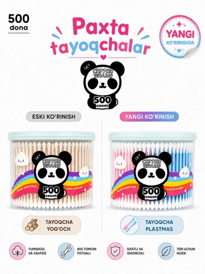 Quloq tozalagich Panda  paxta cho‘plar, 500 dona