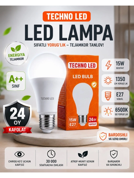 Светодиодная LED-лампа TECHNO LED, E27, 7/10/12/15/18Вт, 6500К, белый свет, БОНУС, ПОДАРОК - 
