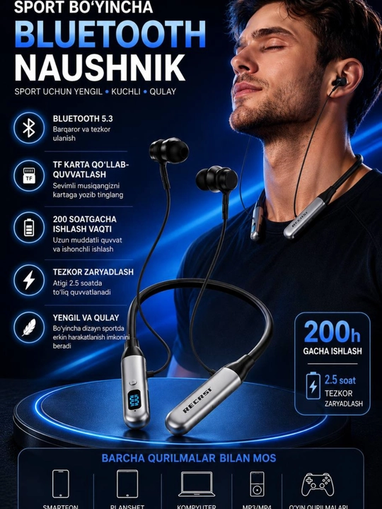 Sport uchun Bluetooth 5.3 bo‘yinbog‘li simli quloqchin, TF karta, 200 soat - 