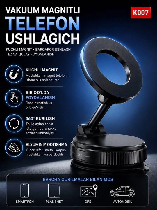 K007 telefon uchun vakuumli magnit tutqich, 360°, metall - 