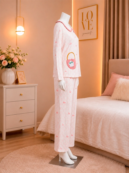 Ayollar uchun pushti-yashil yoqali nafis pijama to‘plami