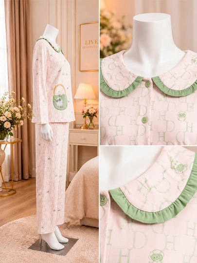 Ayollar uchun pushti-yashil yoqali nafis pijama to‘plami