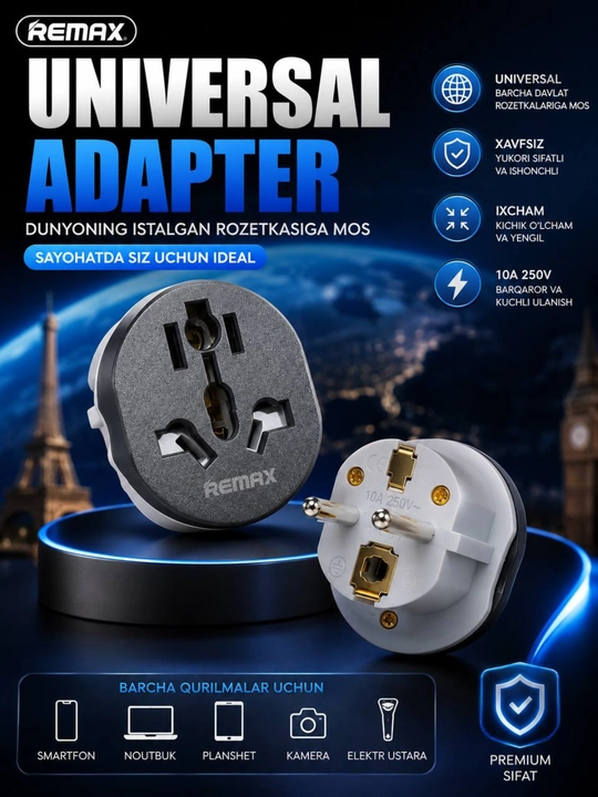 Remax Universal adapter, sayohat uchun rozetka adapteri 10A 250V - 