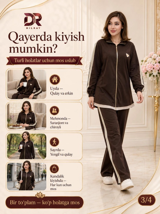 Ayollar uchun sportiv kostyum, kiyim to'plami, kofta va shim, Turkiya paxta XB matosi