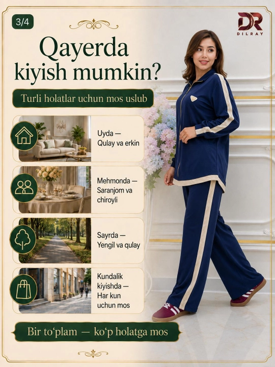 Ayollar uchun sportiv kostyum, kiyim to'plami, kofta va shim, Turkiya paxta XB matosi