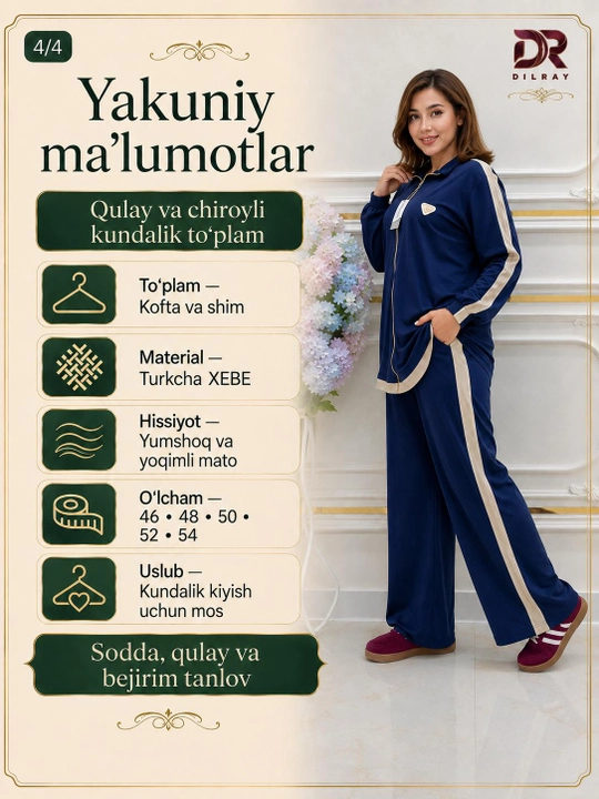 Ayollar uchun sportiv kostyum, kiyim to'plami, kofta va shim, Turkiya paxta XB matosi