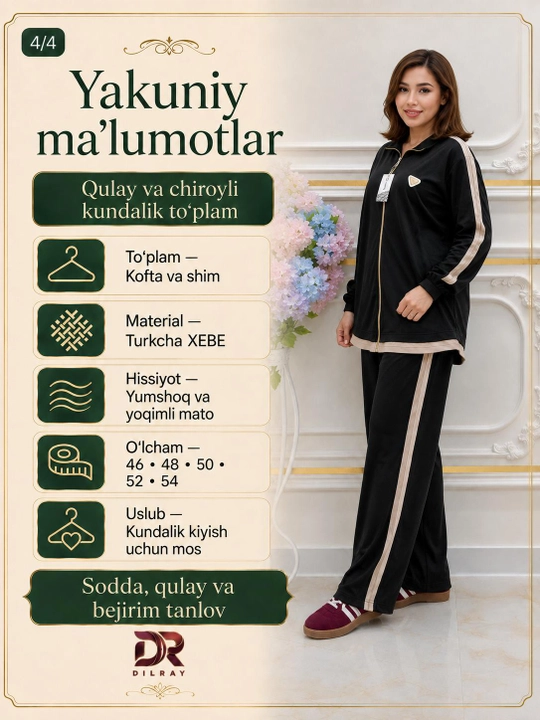 Ayollar uchun sportiv kostyum, kiyim to'plami, kofta va shim, Turkiya paxta XB matosi