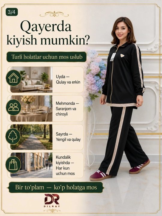 Ayollar uchun sportiv kostyum, kiyim to'plami, kofta va shim, Turkiya paxta XB matosi
