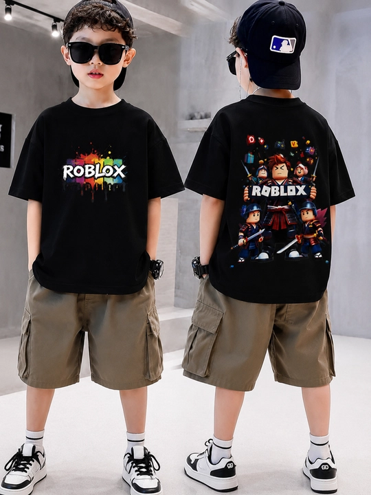 O‘g‘il bolalar va qizbolalar uchun printli Roblox oversize bolalar futbolkasi oq va qora - 