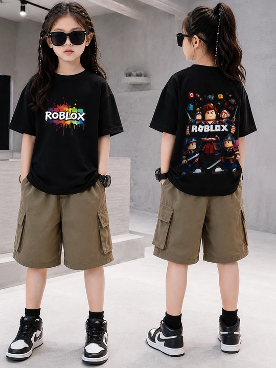 O‘g‘il bolalar va qizbolalar uchun printli Roblox oversize bolalar futbolkasi oq va qora