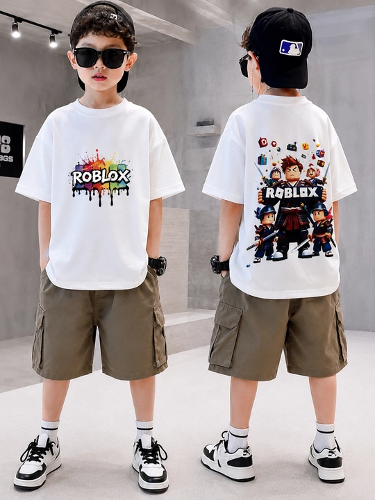 O‘g‘il bolalar va qizbolalar uchun printli Roblox oversize bolalar futbolkasi oq va qora - 