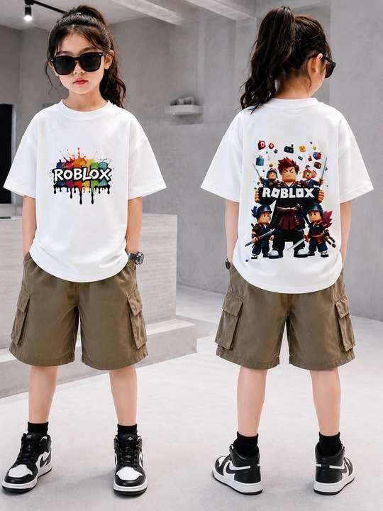 O‘g‘il bolalar va qizbolalar uchun printli Roblox oversize bolalar futbolkasi oq va qora
