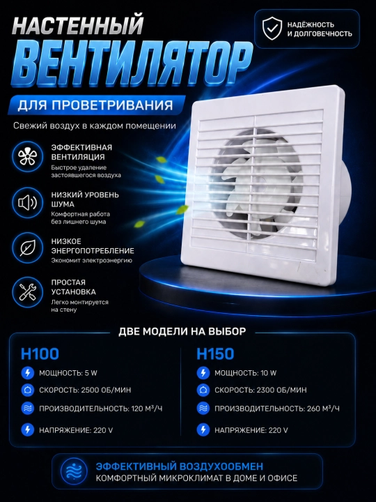 Devoriy ventilyator xonani shamollatish uchun H100/H150, 220V