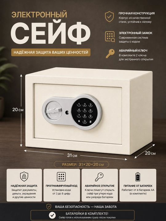Сейф металлический 31×20×20 см с электронным кодовым и ключевым замком - 