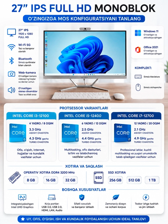 12-Avlod monoblok  27" IPS Full HD