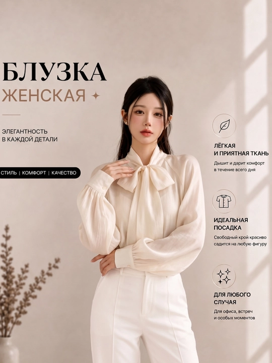 Элегантная женская шифоновая блузка с воротником-бантом и объемными рукавами - 