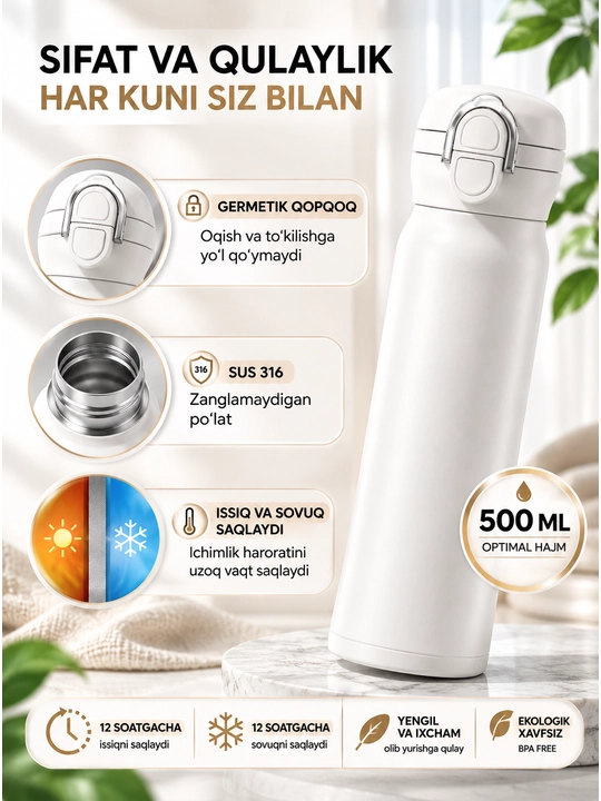Termos 500 ml, issiq va sovuq ichimliklar uchun, termokrujka, termos butilka poilnik
