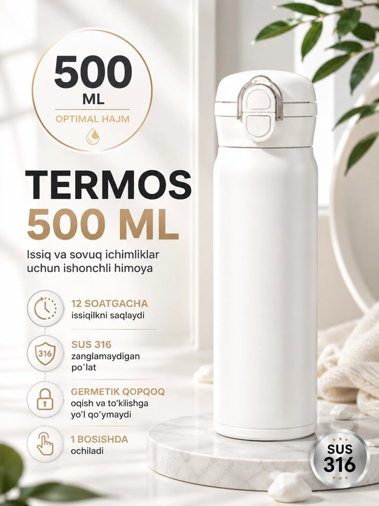 Termos 500 ml, issiq va sovuq ichimliklar uchun, termokrujka, termos butilka poilnik - 
