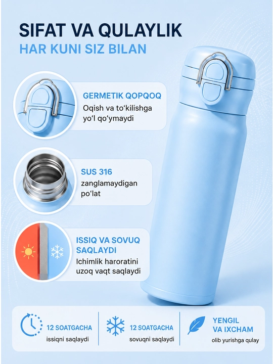 Termos 500 ml, issiq va sovuq ichimliklar uchun, termokrujka, termos butilka poilnik