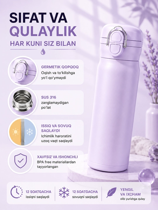 Termos 500 ml, issiq va sovuq ichimliklar uchun, termokrujka, termos butilka poilnik