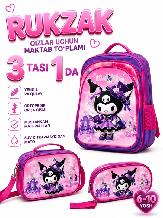 4-10 yoshli bolalar uchun ryukzak, qalamdon bilan, bolalar bog‘chasi, maktab uchun ryukzak, ortopedik - 