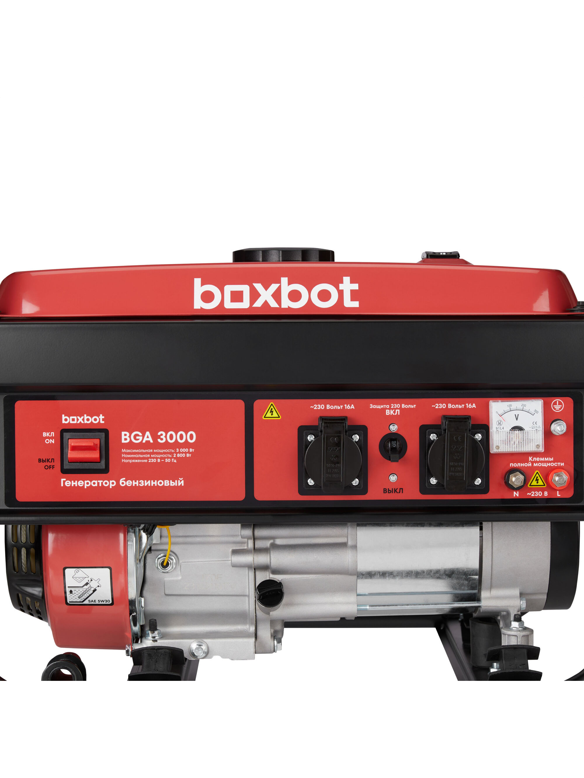 Boxbot benzin generatori, 3,0 kVt, 15 l, 2 ta 16A rozetka, ~230 V klemmalar, BOSCH